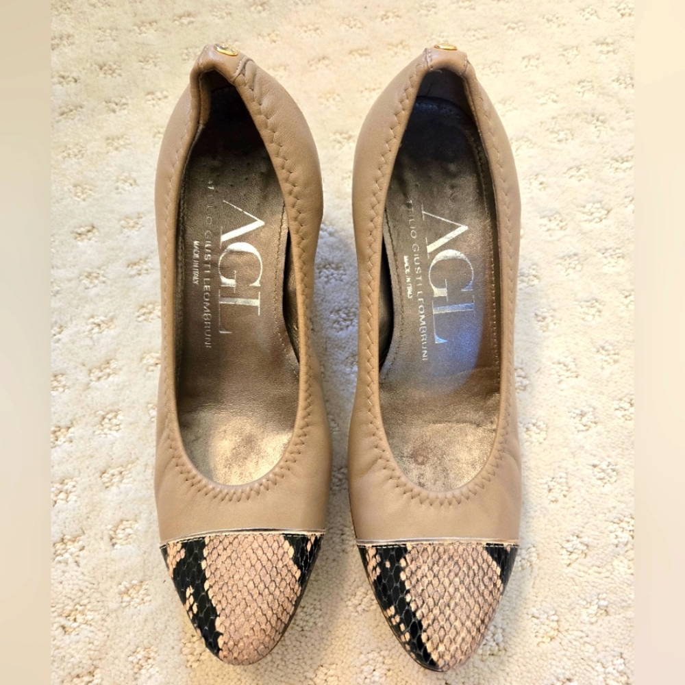 AGL Tan and Snakeskin Italian Leather Pumps, Size 7.5